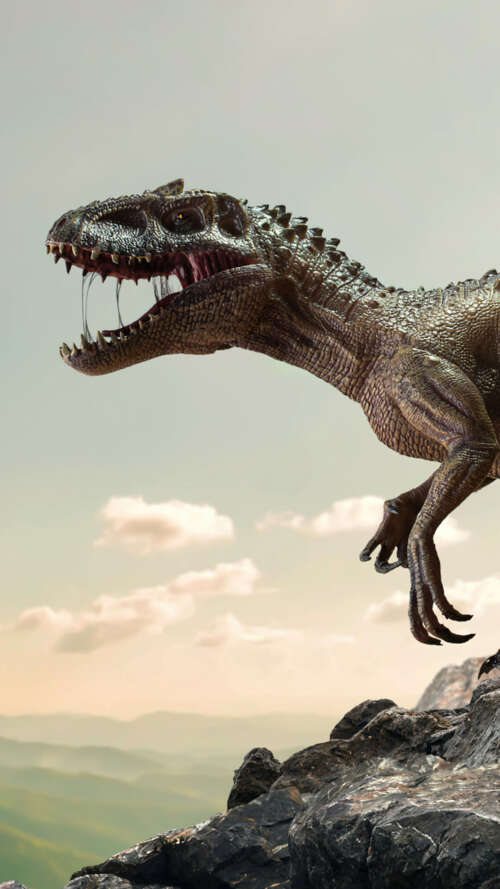 A prehistoric dinosaur navigating through a canyon of large, ancient rocks and stone... lava Play Max hd background