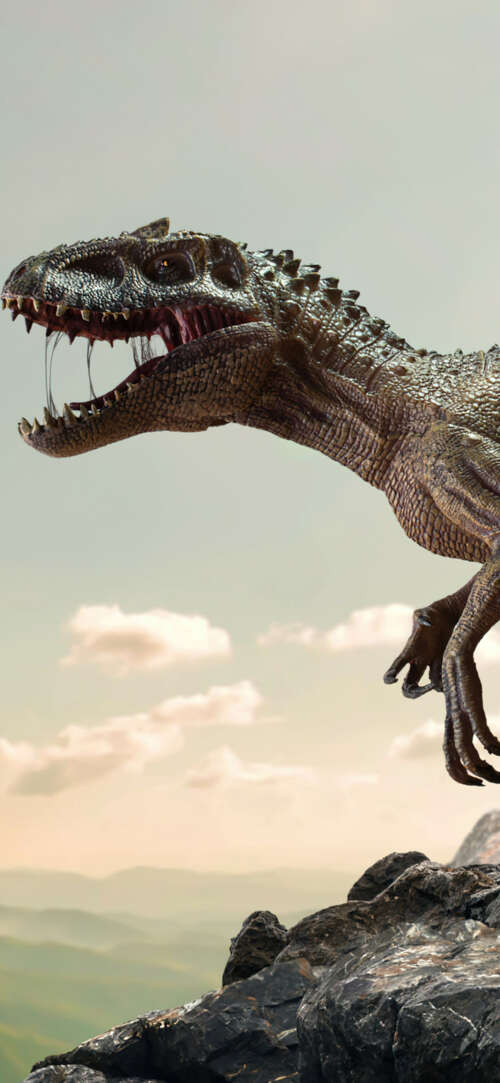A prehistoric dinosaur navigating through a canyon of large, ancient rocks and stone... Sharp Aquos R10 mobile wallpaper