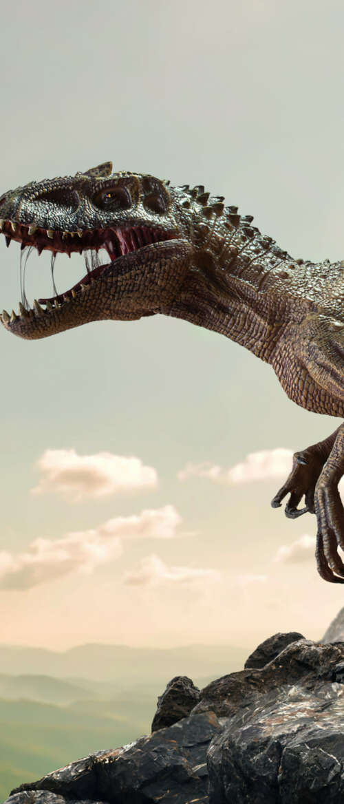 A prehistoric dinosaur navigating through a canyon of large, ancient rocks and stone... Motorola Razr Fold background images hd