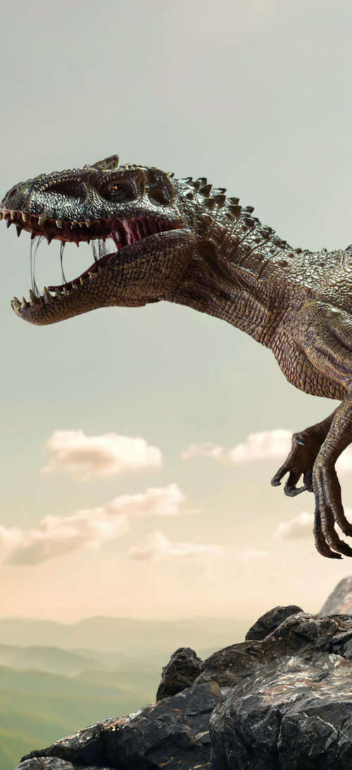 A prehistoric dinosaur navigating through a canyon of large, ancient rocks and stone... Oppo A6 Max hd background