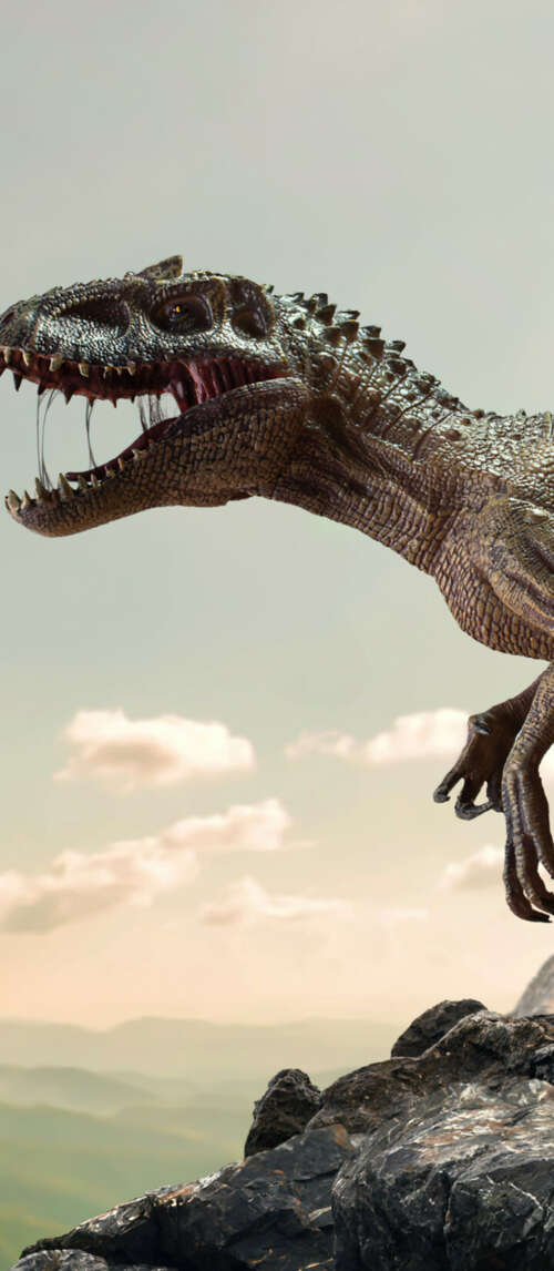 A prehistoric dinosaur navigating through a canyon of large, ancient rocks and stone... Xiaomi Redmi 14C 5G hd background