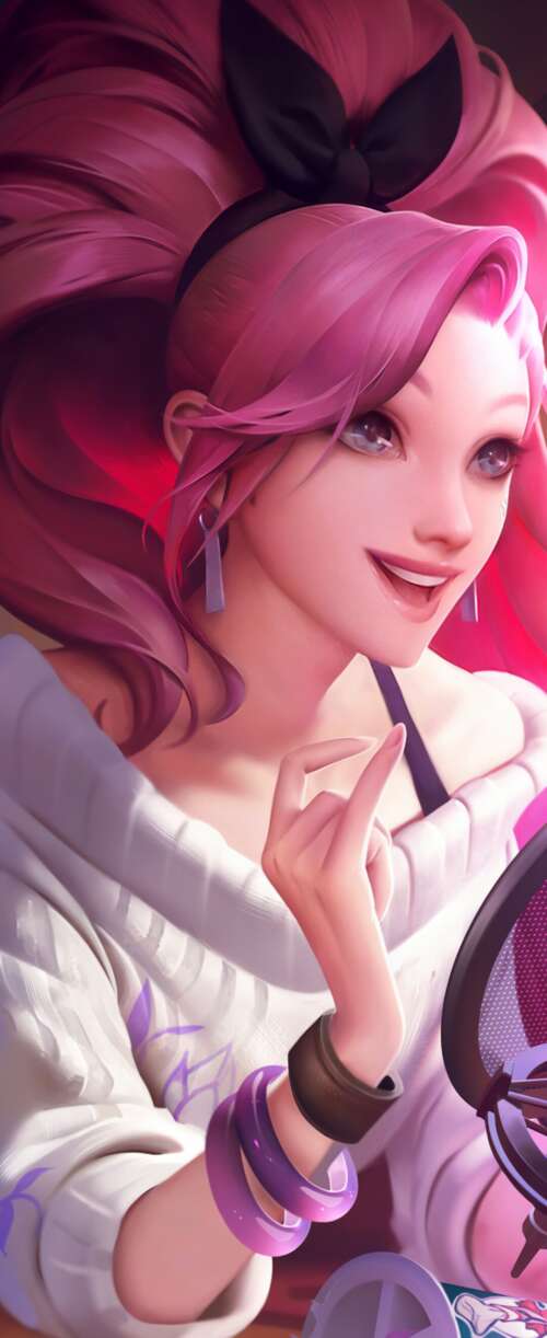 Seraphine from League of Legends K/DA featuring her signature pink hair and glamorous... wallpaper download