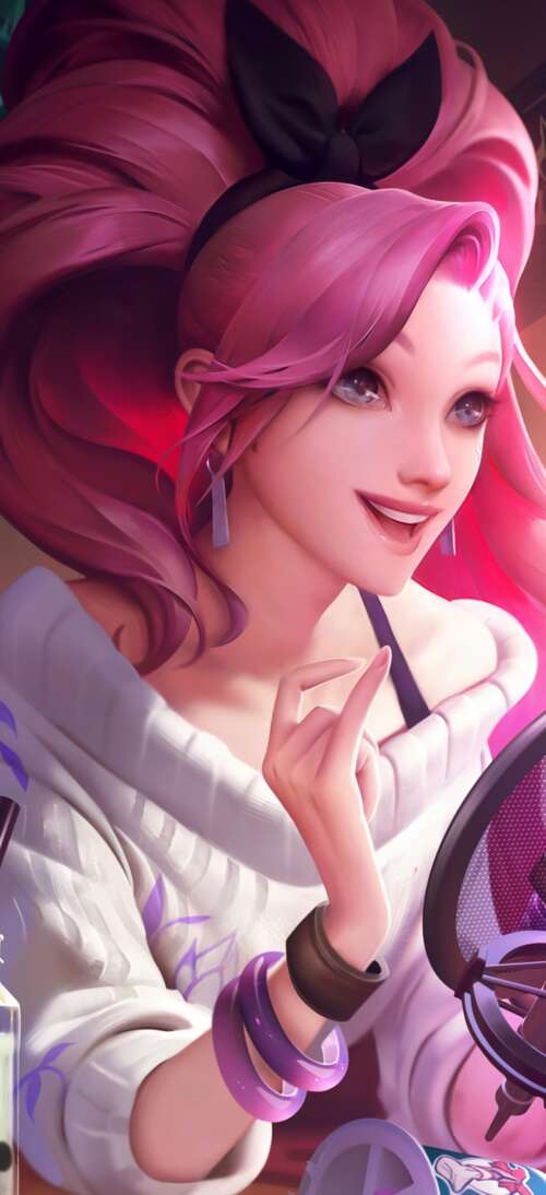 Seraphine from League of Legends K/DA featuring her signature pink hair and glamorous... Oppo A6 Max wallpapers for android