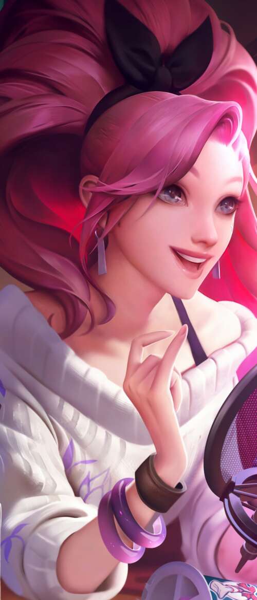 Seraphine from League of Legends K/DA featuring her signature pink hair and glamorous... Motorola Razr Fold download free phone wallpaper