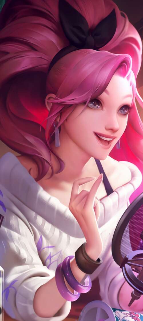 Seraphine from League of Legends K/DA featuring her signature pink hair and glamorous... lava Shark free background