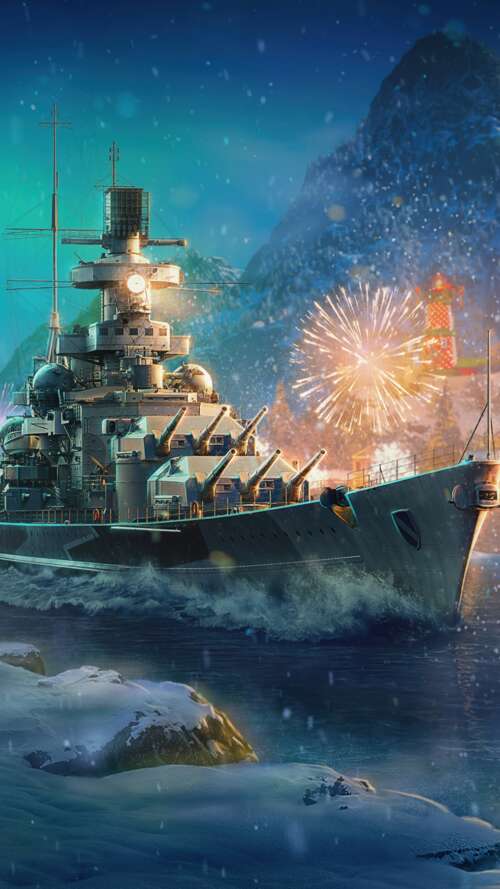 Massive warships on the ocean at night, illuminated by vibrant Christmas fireworks... free wallpaper