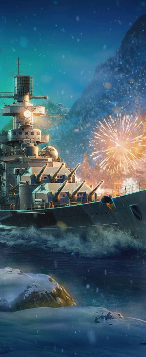 Massive warships on the ocean at night, illuminated by vibrant Christmas fireworks... Meizu Note 16 hd background