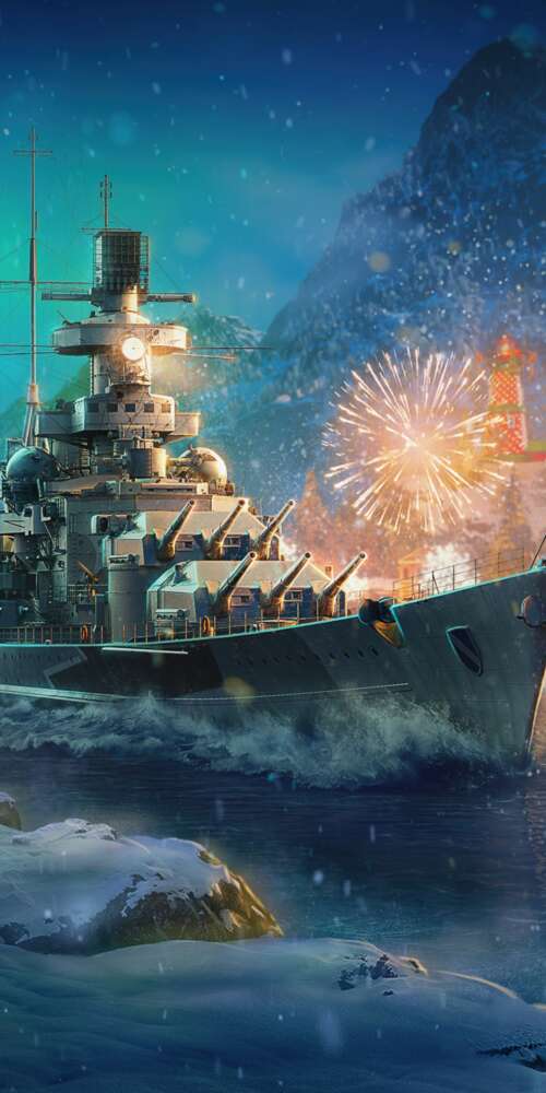 Massive warships on the ocean at night, illuminated by vibrant Christmas fireworks... Doogee Fire 3 Pro background images hd