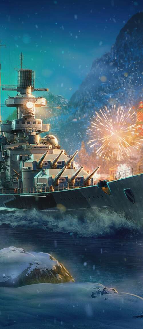 Massive warships on the ocean at night, illuminated by vibrant Christmas fireworks... Xiaomi Redmi 14C 5G free wallpaper