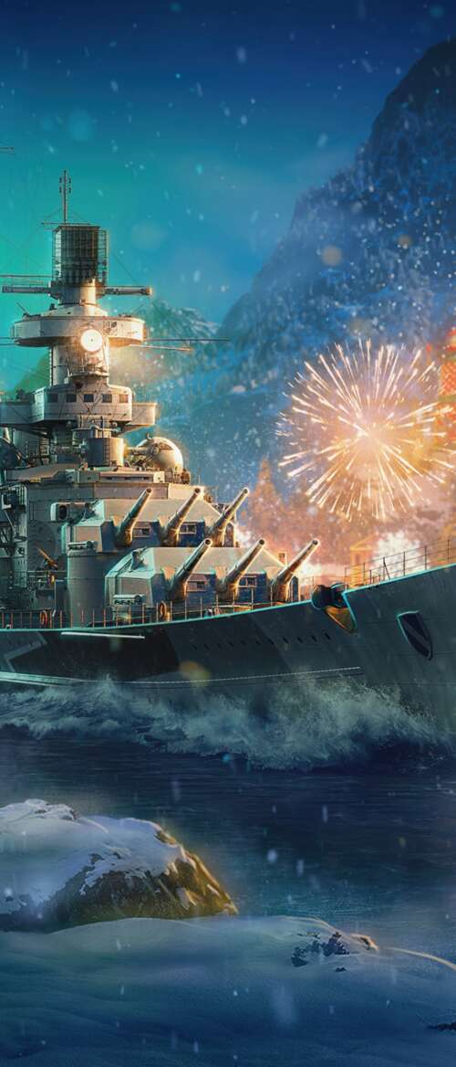 Massive warships on the ocean at night, illuminated by vibrant Christmas fireworks... Motorola Razr Fold download free wallpaper for phone