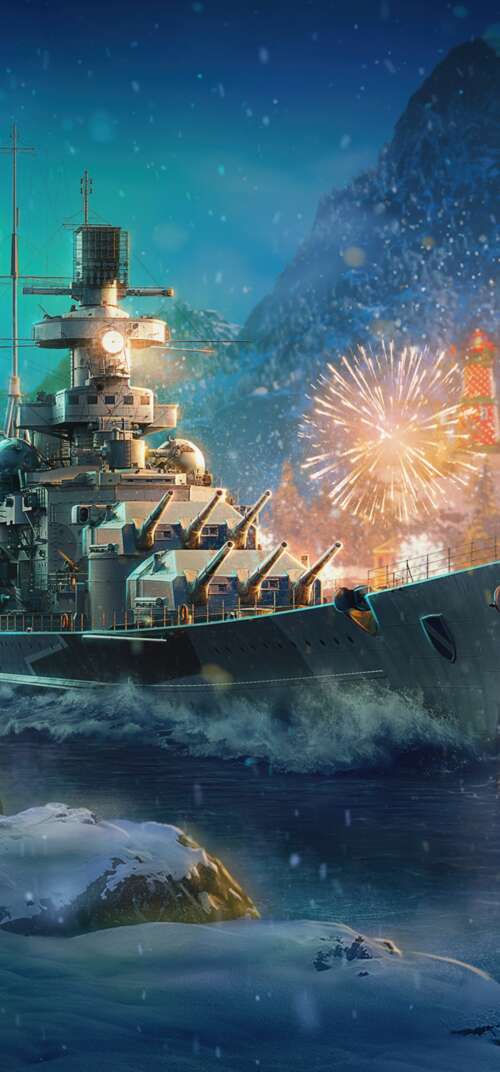 Massive warships on the ocean at night, illuminated by vibrant Christmas fireworks... Samsung Galaxy S26 Ultra high definition wallpaper