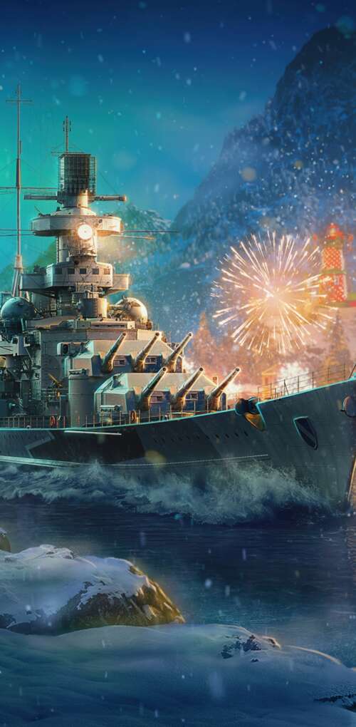 Massive warships on the ocean at night, illuminated by vibrant Christmas fireworks... Huawei Mate 30 Pro wallpaper images