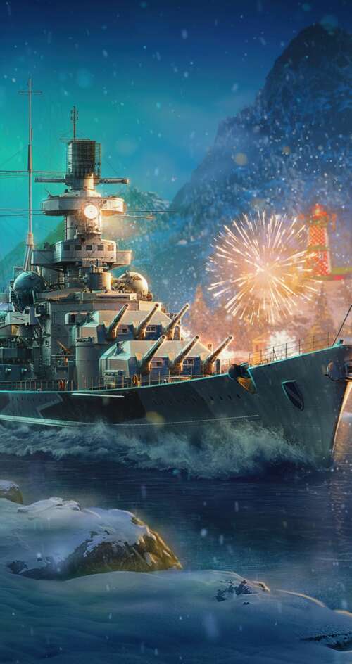 Massive warships on the ocean at night, illuminated by vibrant Christmas fireworks... Sharp Aquos C10 wallpaper images