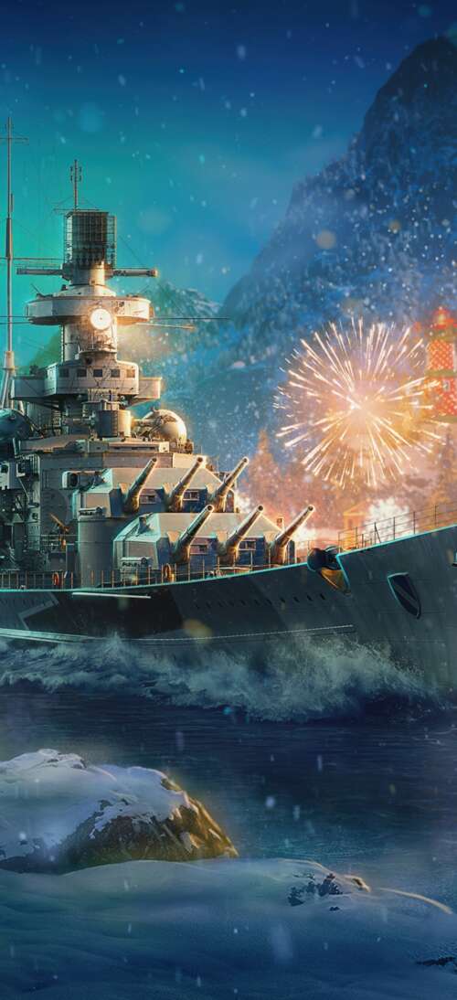 Massive warships on the ocean at night, illuminated by vibrant Christmas fireworks... Oppo A6L free wallpaper