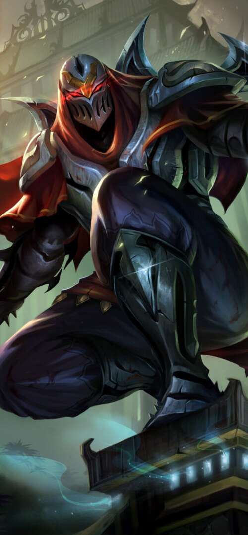 Zed from League of Legends wielding shadow blades in a dark, atmospheric setting. UmiDigi Umidigi X download free phone wallpaper