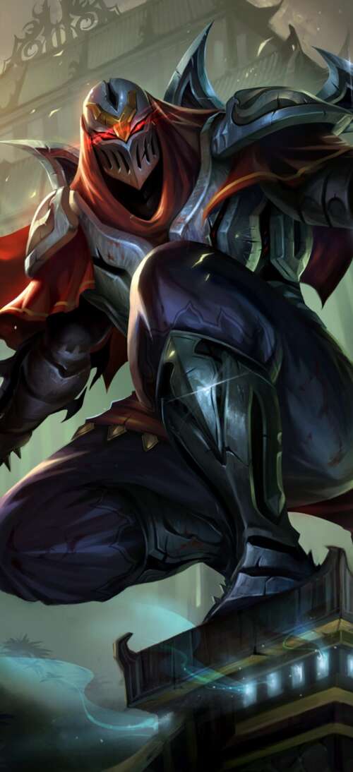 Zed from League of Legends wielding shadow blades in a dark, atmospheric setting. Oppo A6 Max free background