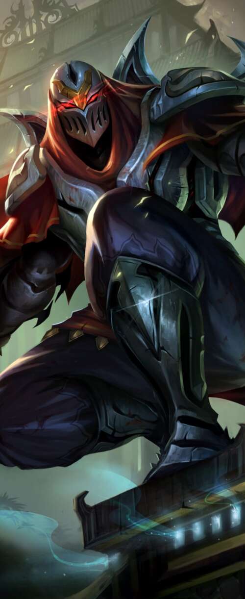 Zed from League of Legends wielding shadow blades in a dark, atmospheric setting. Meizu Note 16 mobile wallpaper