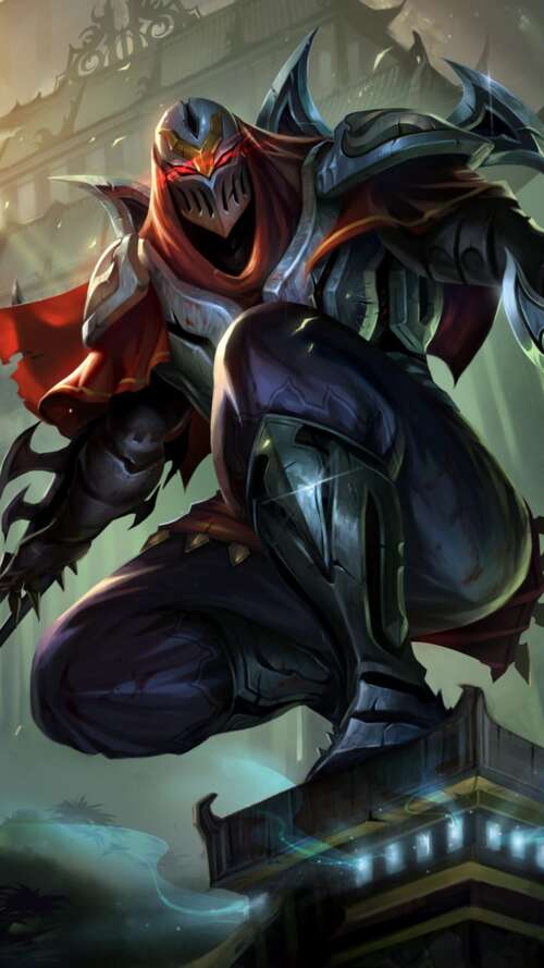 Zed from League of Legends wielding shadow blades in a dark, atmospheric setting. lava Play Max free background