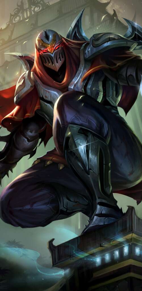 Zed from League of Legends wielding shadow blades in a dark, atmospheric setting. Huawei Mate 30 Pro download free phone wallpaper