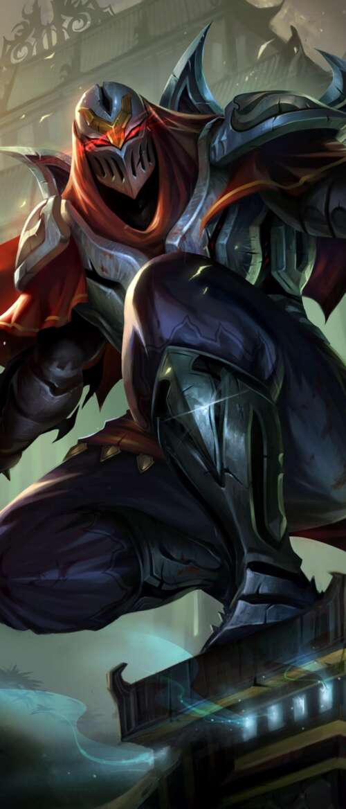Zed from League of Legends wielding shadow blades in a dark, atmospheric setting. Motorola Razr Fold wallpaper download