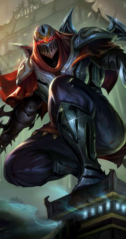 Zed from League of Legends wielding shadow blades in a dark, atmospheric setting. Sharp Aquos C10 download free phone wallpaper