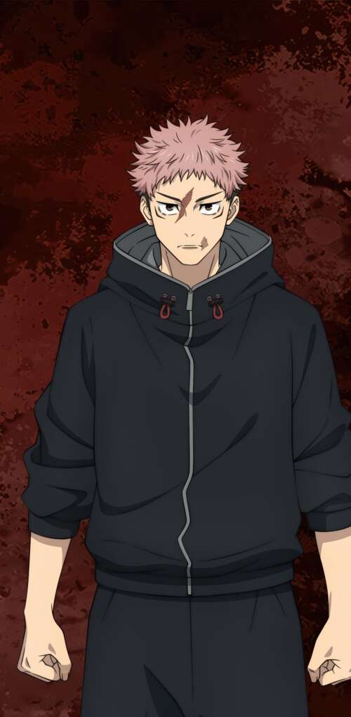 Cinematic 5K portrait of Yuji Itadori from Jujutsu Kaisen featuring his signature... Huawei Mate 30 Pro wallpaper download