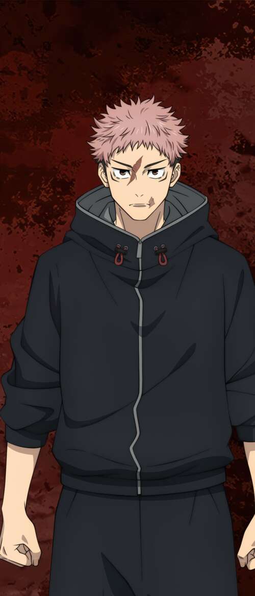 Cinematic 5K portrait of Yuji Itadori from Jujutsu Kaisen featuring his signature... Samsung Galaxy Z Flip7 wallpaper download