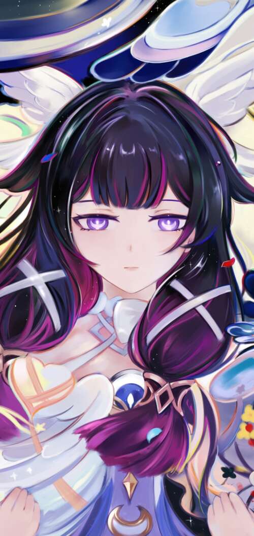 High-resolution anime portrait of Columbina from Genshin Impact. Oppo A6 lock screen wallpaper