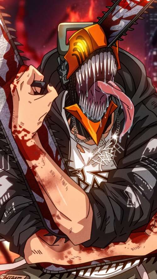 Denji from Chainsaw Man in a bloody and badass cinematic pose. Apple iPhone SE 2022 free background