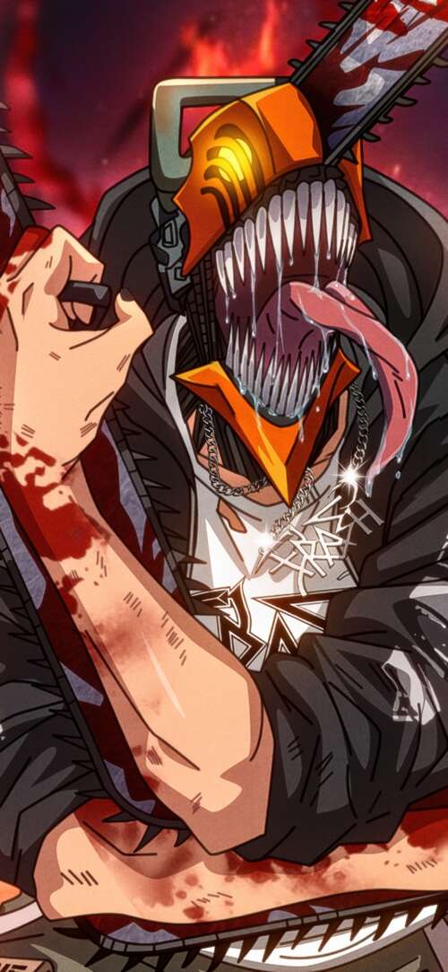 Denji from Chainsaw Man in a bloody and badass cinematic pose. Samsung Galaxy F36 5G hand phone wallpaper