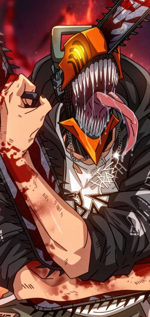 Denji from Chainsaw Man in a bloody and badass cinematic pose. Oppo A6 free wallpaper