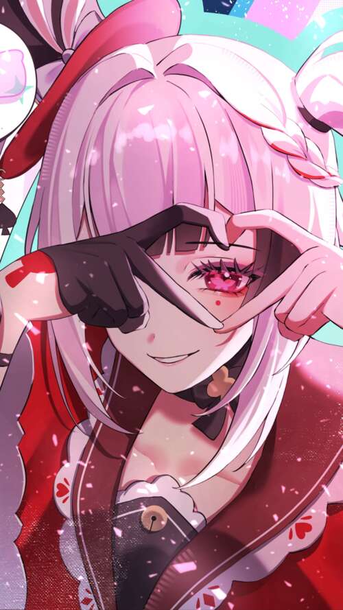 A beautiful anime girl from Honkai: Star Rail featuring pink hearts and love hearts... Apple iPhone SE 2022 hand phone wallpaper