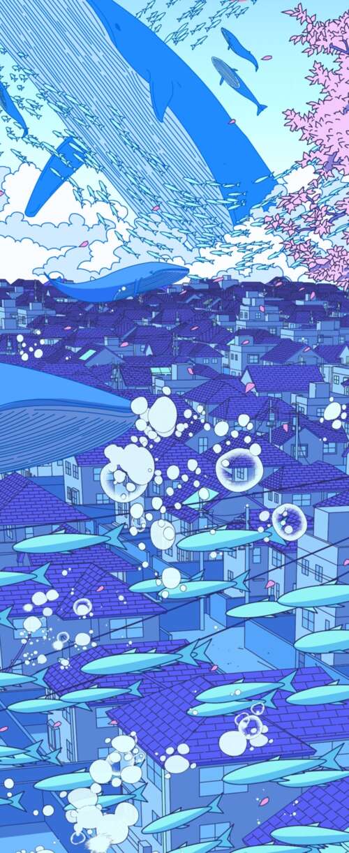 A surreal anime-style illustration of a Japanese girl surrounded by floating whales,... free background images