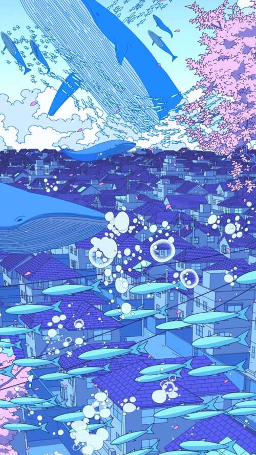 A surreal anime-style illustration of a Japanese girl surrounded by floating whales,... Apple iPhone SE 2022 cell phone backgrounds free