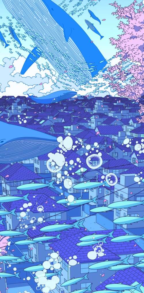 A surreal anime-style illustration of a Japanese girl surrounded by floating whales,... Huawei Mate 30 Pro free background images