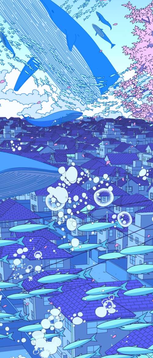 A surreal anime-style illustration of a Japanese girl surrounded by floating whales,... nubia Flip 3 free wallpaper