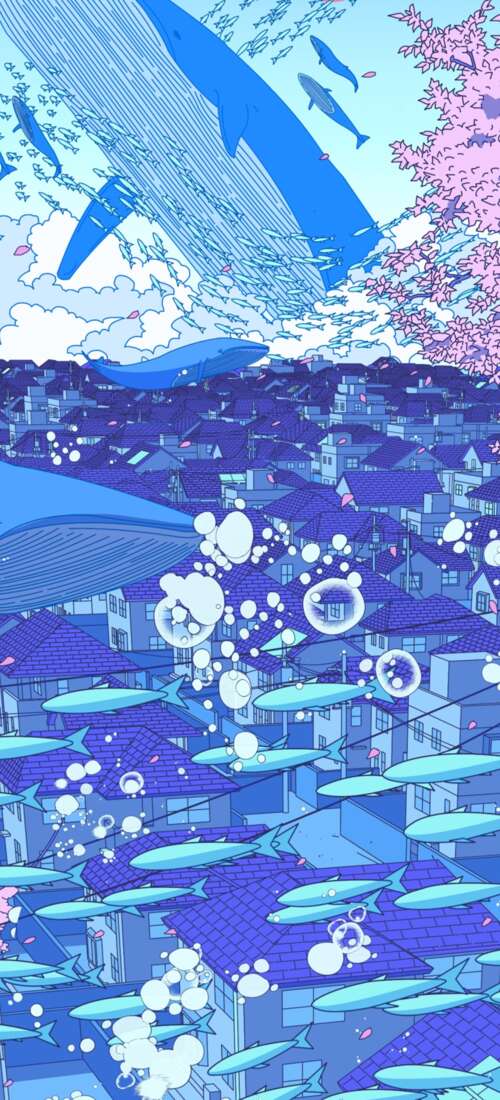 A surreal anime-style illustration of a Japanese girl surrounded by floating whales,... Honor Power2 wallpapers for android
