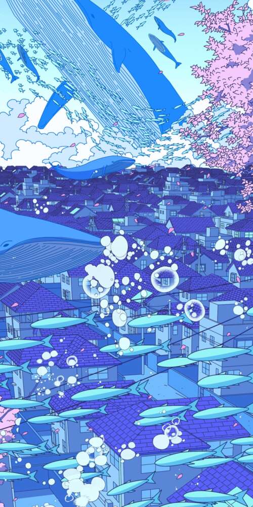 A surreal anime-style illustration of a Japanese girl surrounded by floating whales,... Doogee Fire 3 Ultra hd background