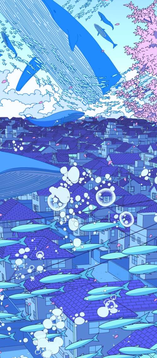 A surreal anime-style illustration of a Japanese girl surrounded by floating whales,... Oukitel WP56 free background images