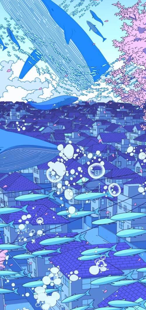 A surreal anime-style illustration of a Japanese girl surrounded by floating whales,... Oppo A6 mobile wallpaper