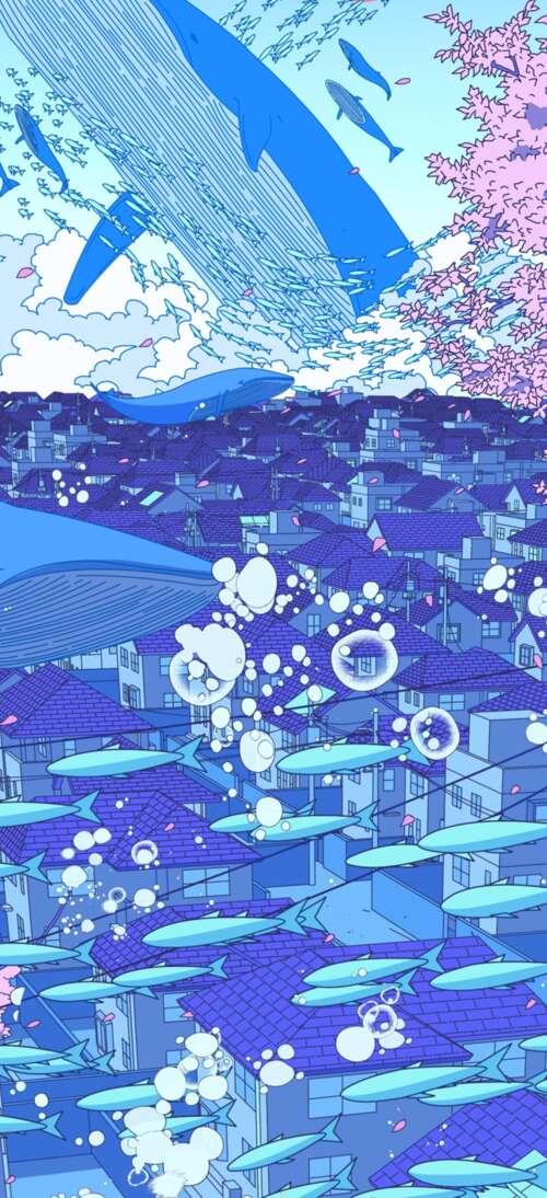 A surreal anime-style illustration of a Japanese girl surrounded by floating whales,... Oppo A6 GT high definition wallpaper