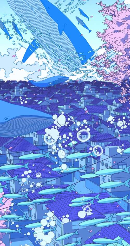 A surreal anime-style illustration of a Japanese girl surrounded by floating whales,... Sharp Aquos C10 free background images