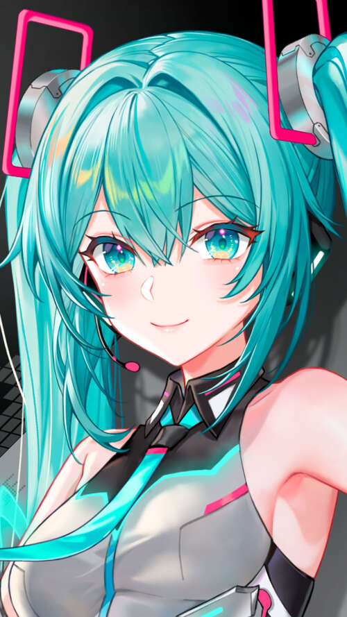 Hatsune Miku from Vocaloid wearing futuristic ASUS ROG gaming headset and tech-inspired... Apple iPhone SE 2022 download free phone wallpaper