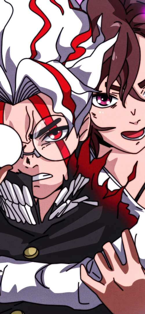 Momo Ayase, Okarun, and Turbo Granny from the Dandadan manga series in a dramatic... wallpaper