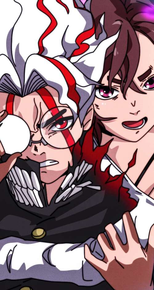 Momo Ayase, Okarun, and Turbo Granny from the Dandadan manga series in a dramatic... Sharp Aquos C10 download free wallpaper for phone