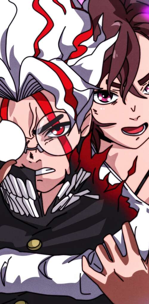 Momo Ayase, Okarun, and Turbo Granny from the Dandadan manga series in a dramatic... Huawei Mate 30 Pro download free wallpaper for phone