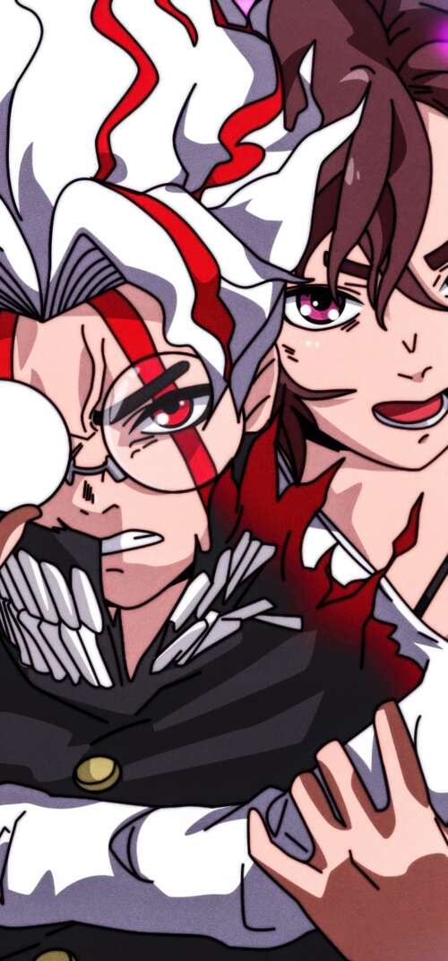 Momo Ayase, Okarun, and Turbo Granny from the Dandadan manga series in a dramatic... Samsung Galaxy S26 Ultra lock screen wallpaper