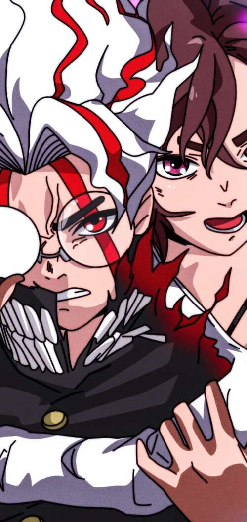 Momo Ayase, Okarun, and Turbo Granny from the Dandadan manga series in a dramatic... Oppo A6 wallpaper
