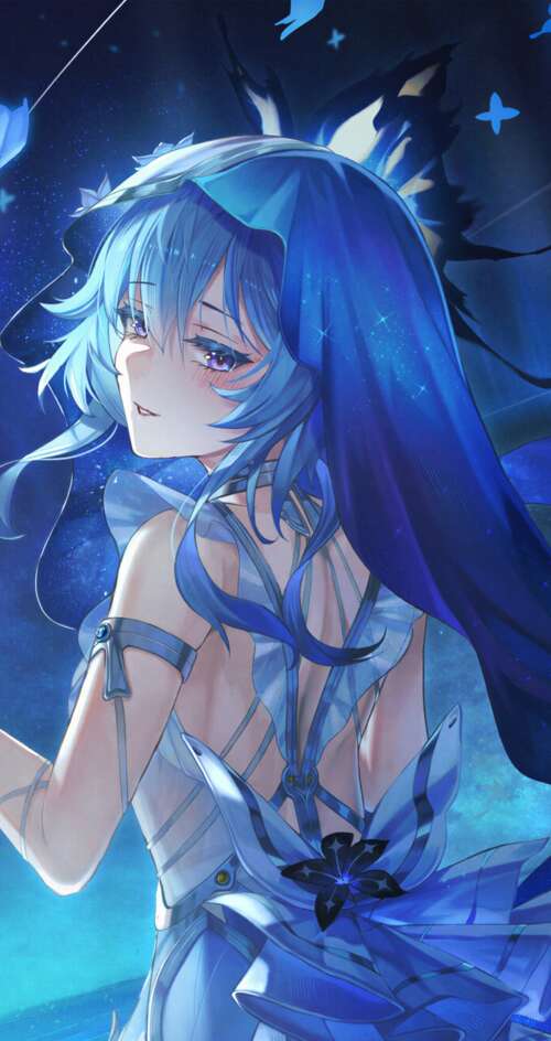 The Shorekeeper from Wuthering Waves surrounded by ethereal blue butterflies in a... Sharp Aquos C10 wallpaper download