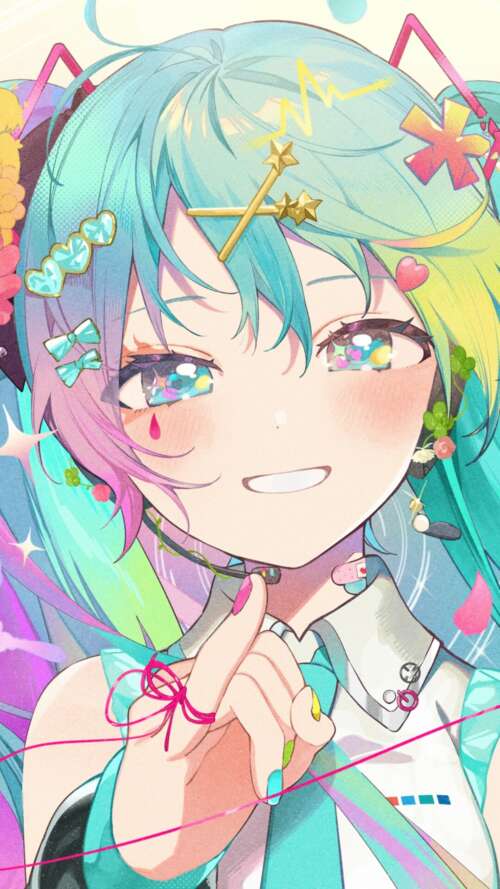 A vibrant and colorful anime-style portrait of Hatsune Miku from Vocaloid. Apple iPhone SE 2022 wallpapers for android